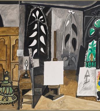 Painting of an artist's studio, with paintings stacked on the floor, a blank canvas sat on an easel, and palm trees visible through the window.