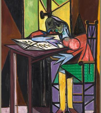 Cubist painting of a woman sat at a desk reading, wearing a red top, green skirt and yellow tights.