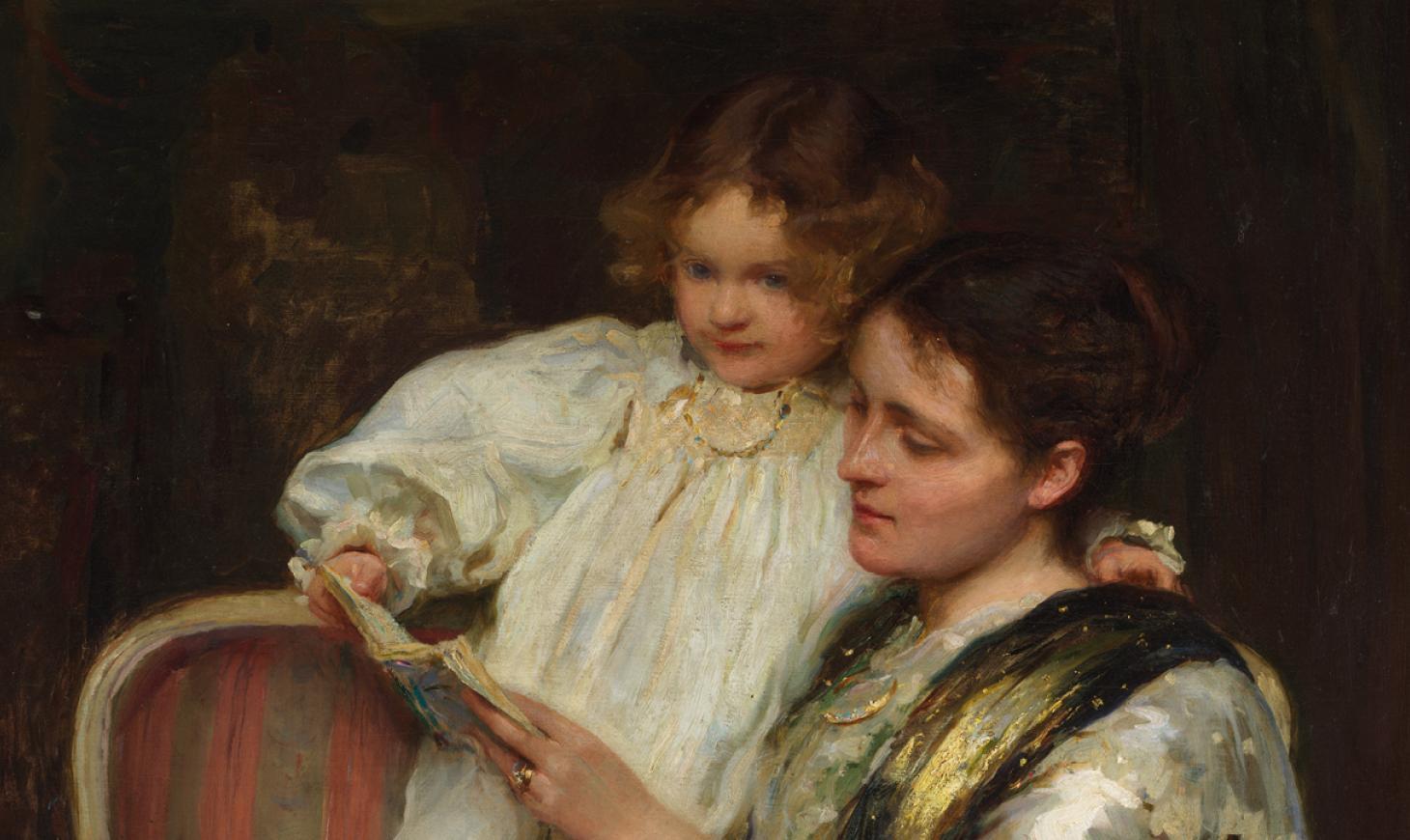 A detail from an oil painting of a woman and a young child reading together.