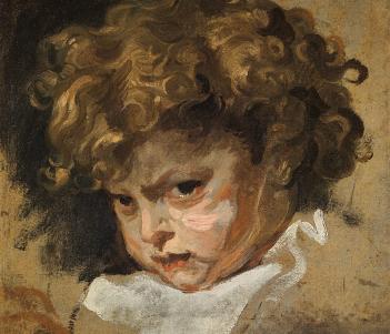 A painted sketch of a child's head. The child looks out from the canvas with a furrowed brow. He has curly light brown hair, and wears white.