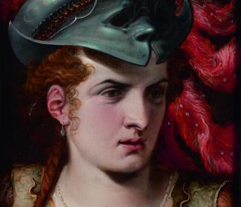 An oil painting - a woman with red hair wears a helmet from which red feathers flow. She is wearing a green garment.