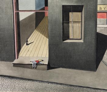  An oil painting of a terraced house. Its front door is open; a stout bottle sits on the hall-floor, while an abandoned doll is flopped face down on the doorstep. In a neighbouring street, a pub bears the sign 'Byrne'. Angular shadows connect the pub and the house. Lit by artificial light the scene is dark and the mood oppressive