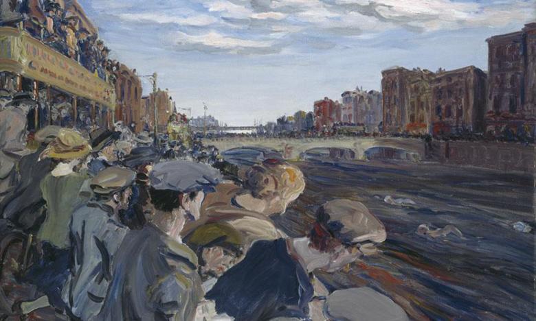 Oil painting of spectators crowding along the quays of the River Liffey watching a swimming race