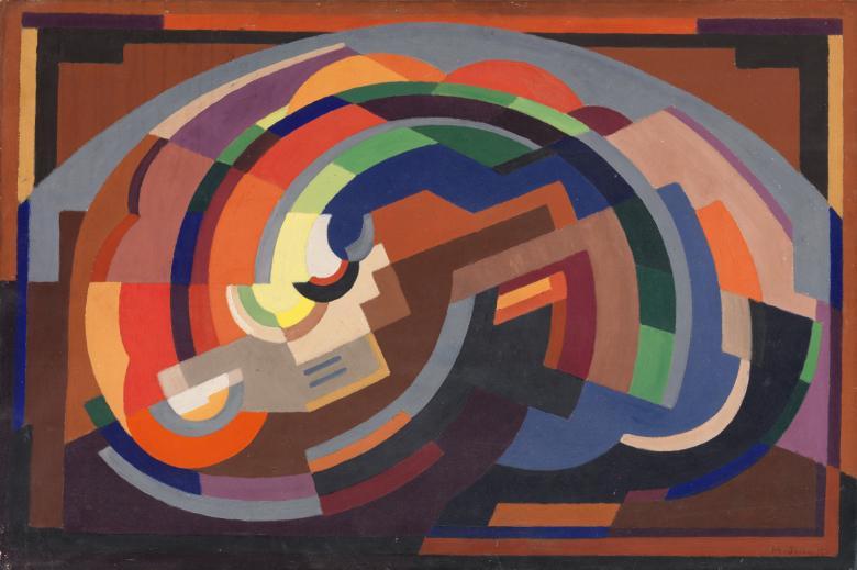 Abstract painting of concentric shapes in various orange, blue and green tones.