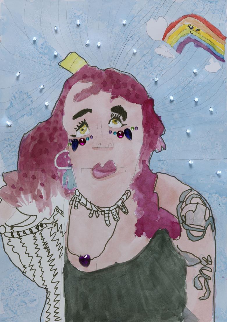 A portrait of a woman with pink hair, dressed in a green sleeveless top which shows a tattoo on her left shoulder and arm. She has jewels under her eyes, and in the blue background there is a rainbow and a constellation of small lights