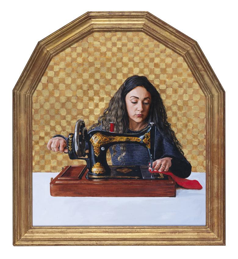 Within a glit frame, and in front of a golden checkered background, a dark haired woman works on an ornate black and gold old-fashioned sewing machine. She looks down at what she is working on, which is in a red material.