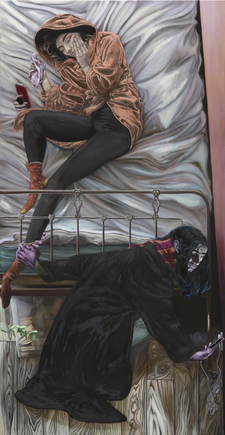 figure dressed in an orange hooded dressing gown and black leggings lies on a bed. One hand is to their face, and one holds a checkered piece of material. A third hand is holding a phone, at which they are gazing. At the foot of the bed is a second figure, dressed in black with a striped scar around their neck. Their hand is grasping the ankle of the figure in the bed, with the fingers wrapped all the way around. They are looking down at a phone in their other hand, which slightly illuminates their face