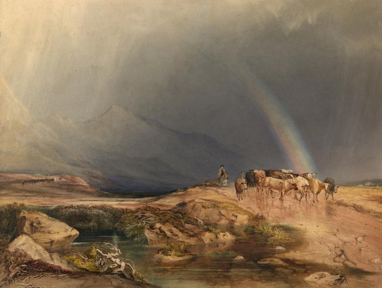 Watercolour of men herding cows through a mountainous landscape