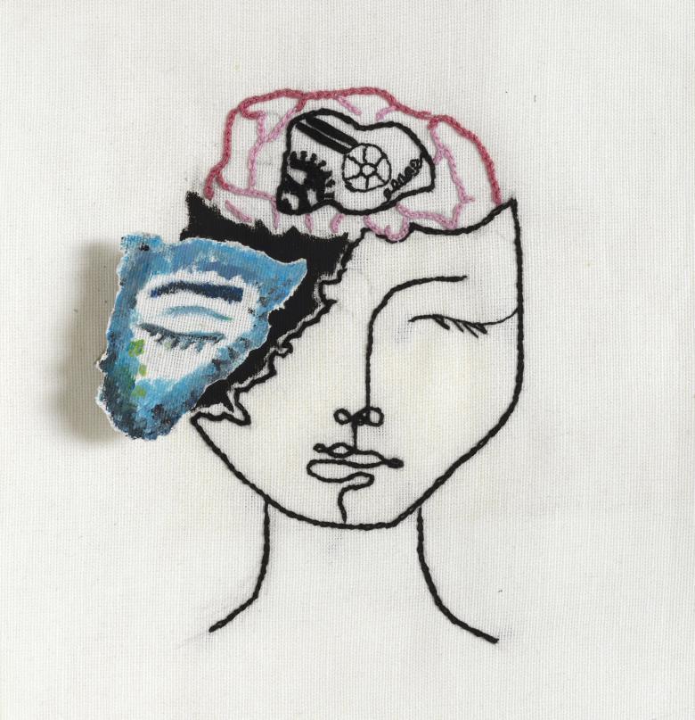 Mixed-media portrait with embroidered lines. The brain is exposed and a fragment painted with an eye is in relief