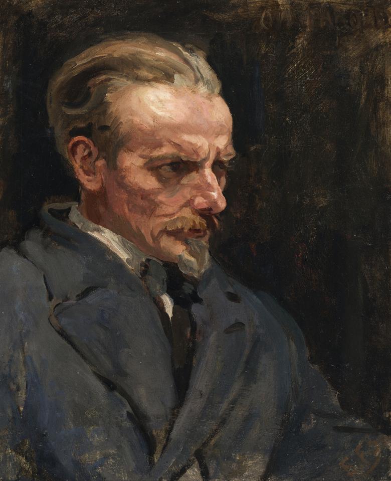 An oil portrait of a man in three quarters profile.