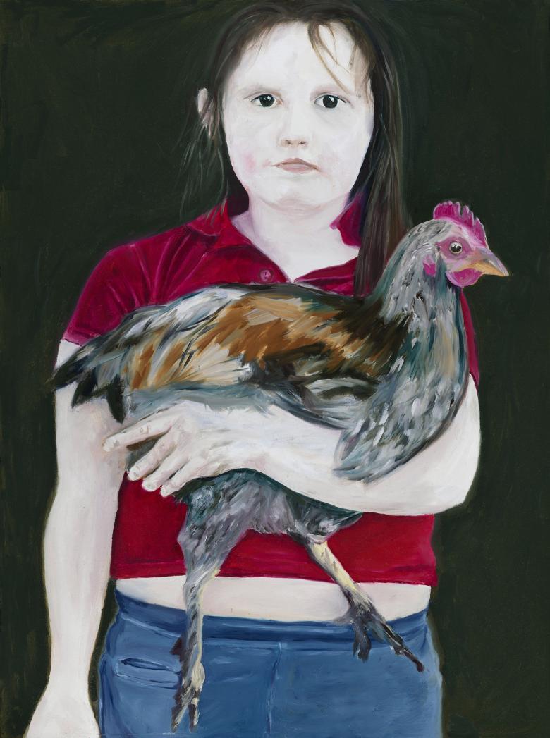 Painted portrait of a girl with dark hair, red t-shirt and blue jeans, holding a hen in her left arm, and standing against a dark backdrop