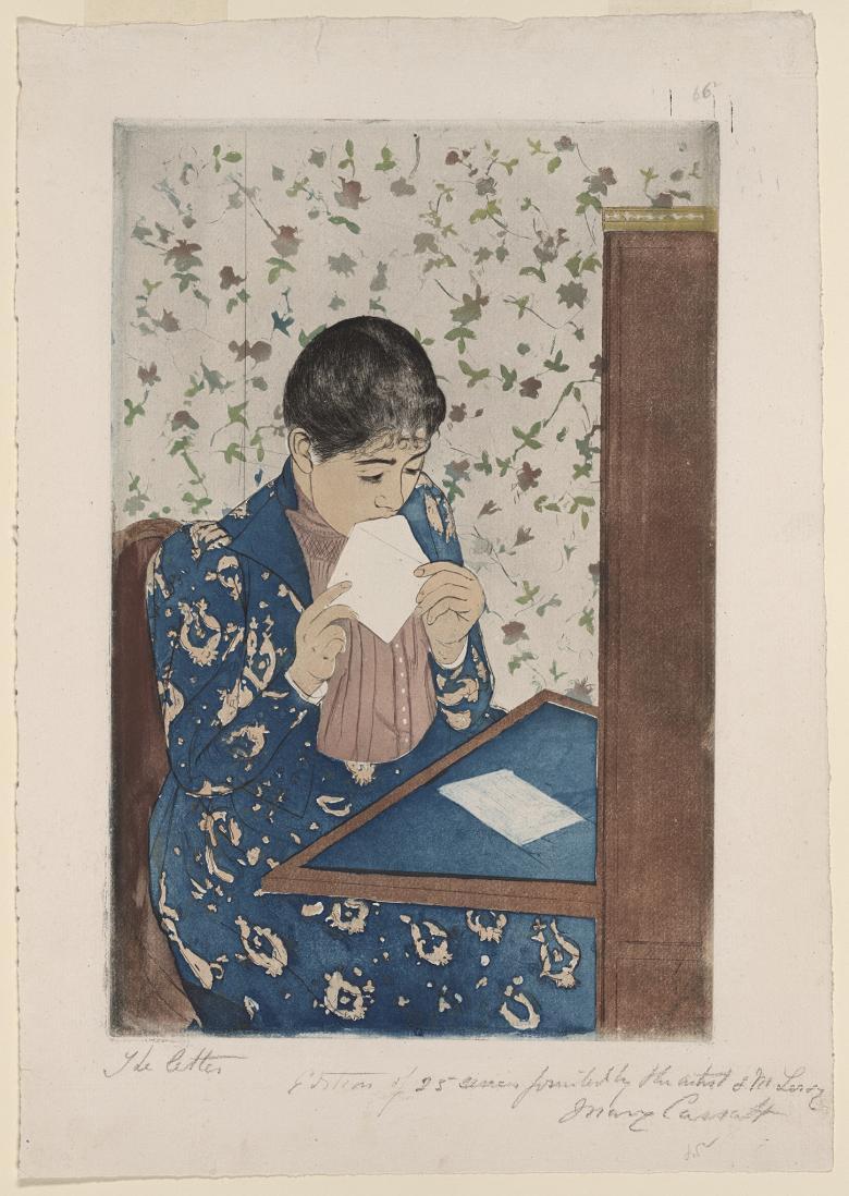 A woman in a blue printed dress sits at a writing desk, a letter before her. She is licking an envelope; behind her, the wall is covered in floral paper.