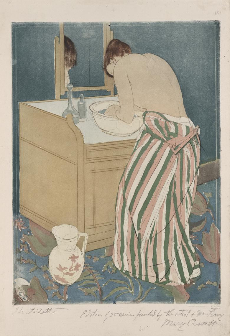 An etching showing a woman bathing in a wash basin on a dresser. Her dress - pink, green, white stripes - is pulled down around her waist and her head is bent over the basin, reflected in the mirror before her. A large jug is at her feet.