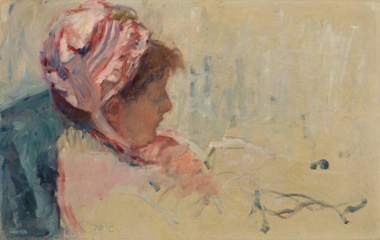 A woman in a pink bonnet sits in side profile on a blue chaise.