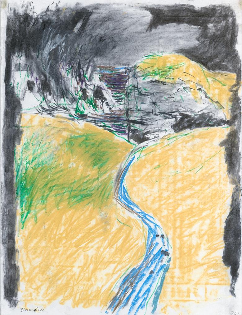 Drawing of a blue stream surrounded by yellow and green fields under a dark grey sky.