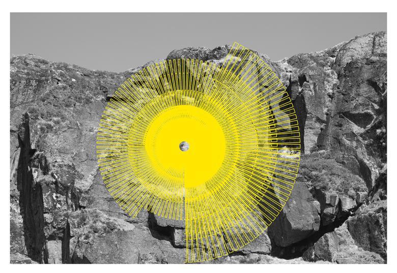 Black and white photograph of a rockface, with a neon yellow spiral graphic in front.