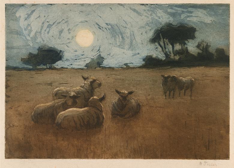 Painting of a group of five sheep sitting in a wheat field under a full moon.