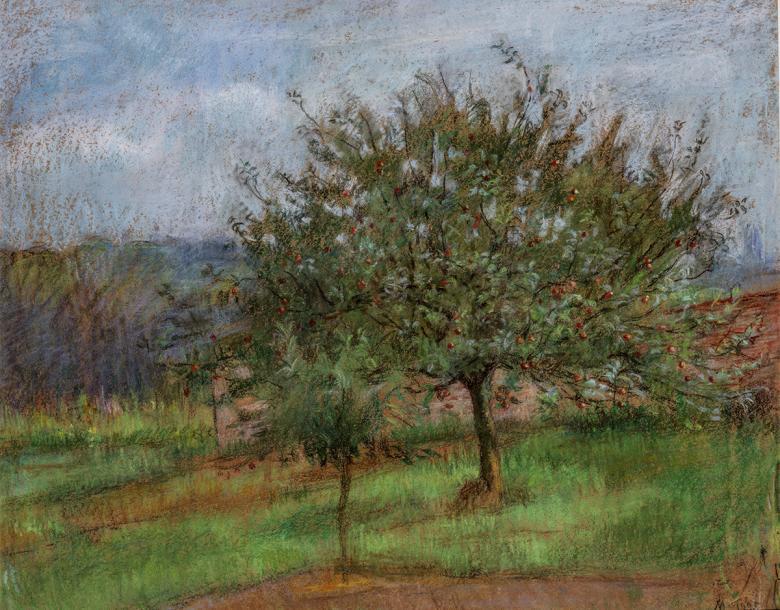 Painting of two apple trees in a field under a grey sky.