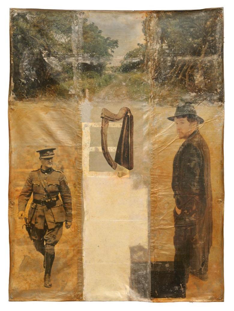 Mixed media on canvas. To the left, an image of Michael Collins in military uniform; in the centre a harp; and to the right a man in a long overcoat and a hat looks over his shoulder