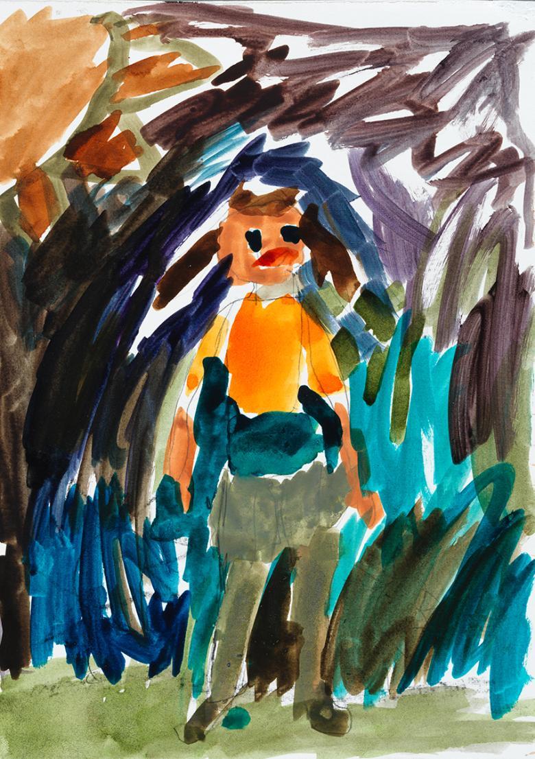 Child's painting of a male figure on a background of brown and dark blue.