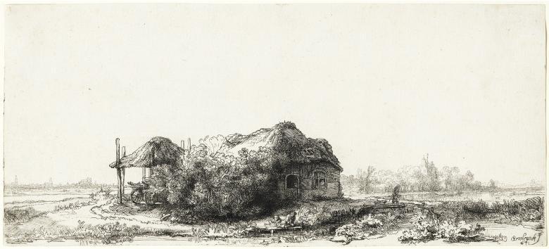 An black and white etching showing a rural dwelling in the foreground; in the background, we can see a city to the left and a large house to the right.