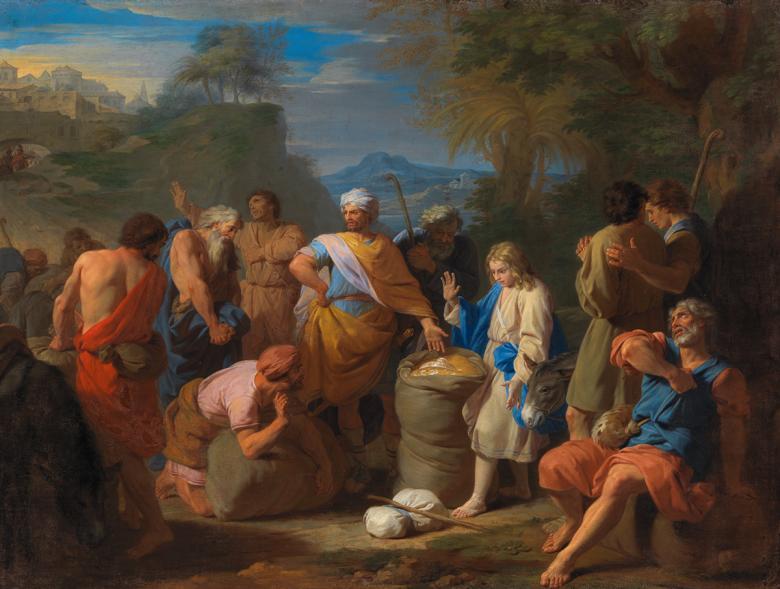 A painting depicting the biblical scene of the finding of Joseph's silver cup in Benjamin's sack. A group of figures stand around a sack. One figure points at the sack and one figure kneels on the ground.