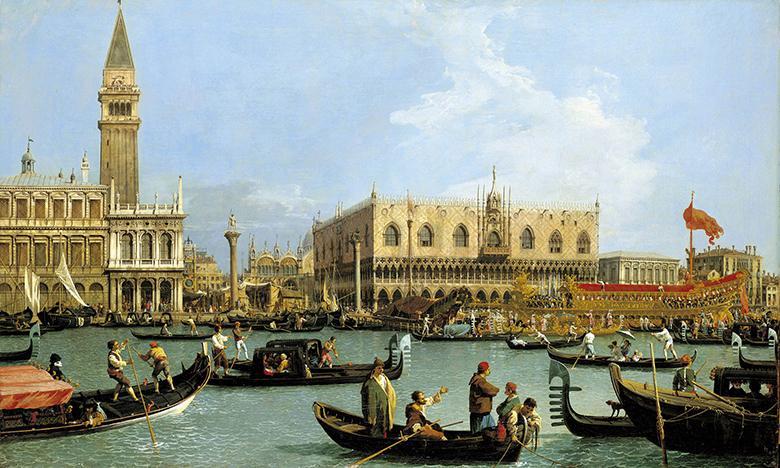 Oil painting of gondolas on a canal in Venice with the spire of Saint Mark's and Palazzo Ducale in the background