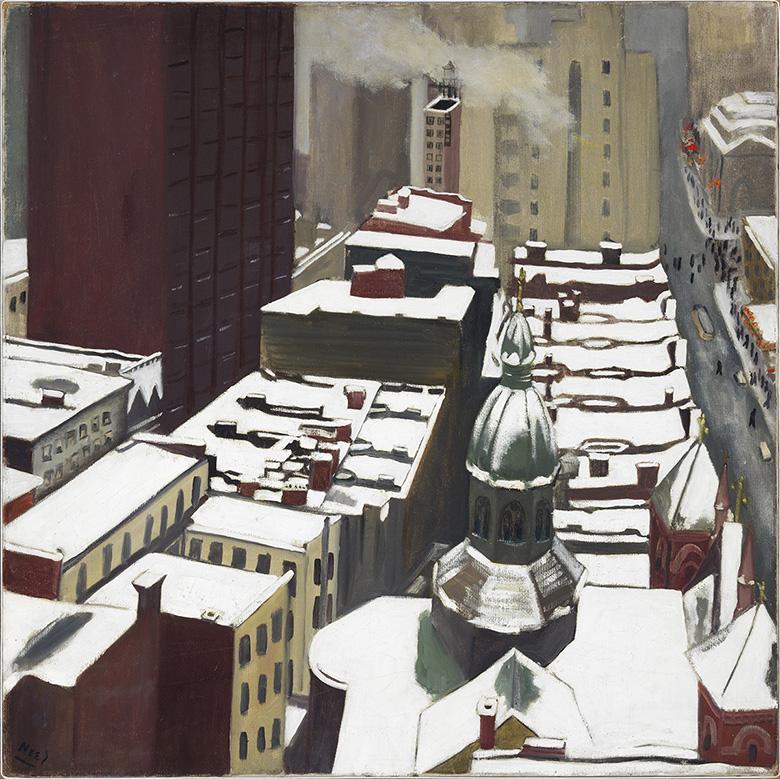 A stylised painted view of New York, painted from a high viewpoint looking down on the snow-covered roofs of buildings.