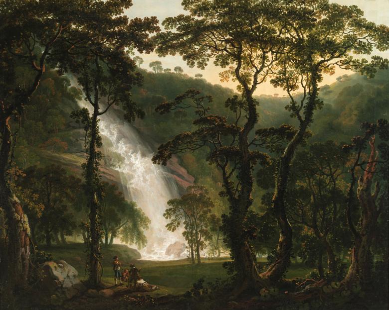 A painting showing the waterfall at Powerscourt Estate, Co. Wicklow through trees. In the left foreground of the painting, we can see some figures who are dwarfed by the grandeur of the waterfall.  