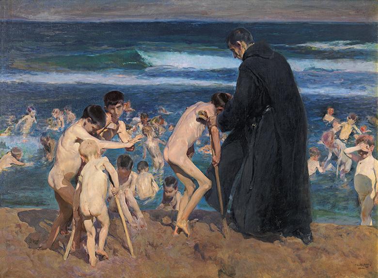 Oil painting of a group of children with disabilities swimming nude in the sea accompanied by an adult wearing dark clothing.