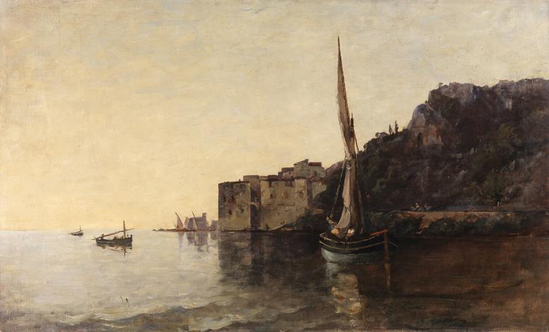 A painted view of a harbour with a sailboat in the foreground and a cliff to the right.