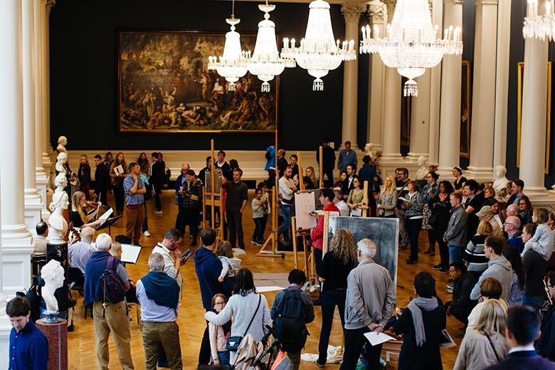 Artists painting musicians in the Shaw Room of the National Gallery of Ireland