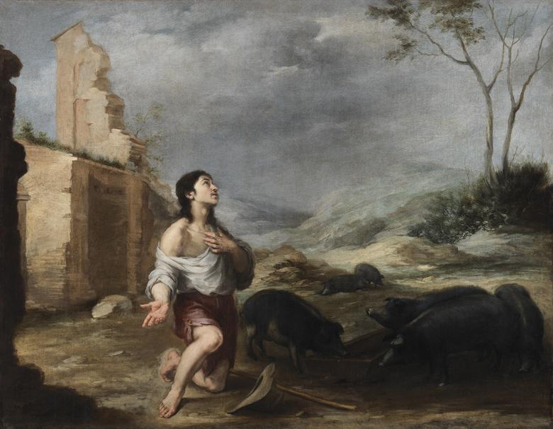 Oil painting of the Prodigal Son feeding swine