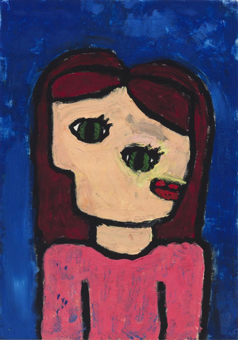 Child's self-portrait with face distorted like a Picasso painting, with green eyes placed on the diagonal and nose in profile on left and mouth in profile on right