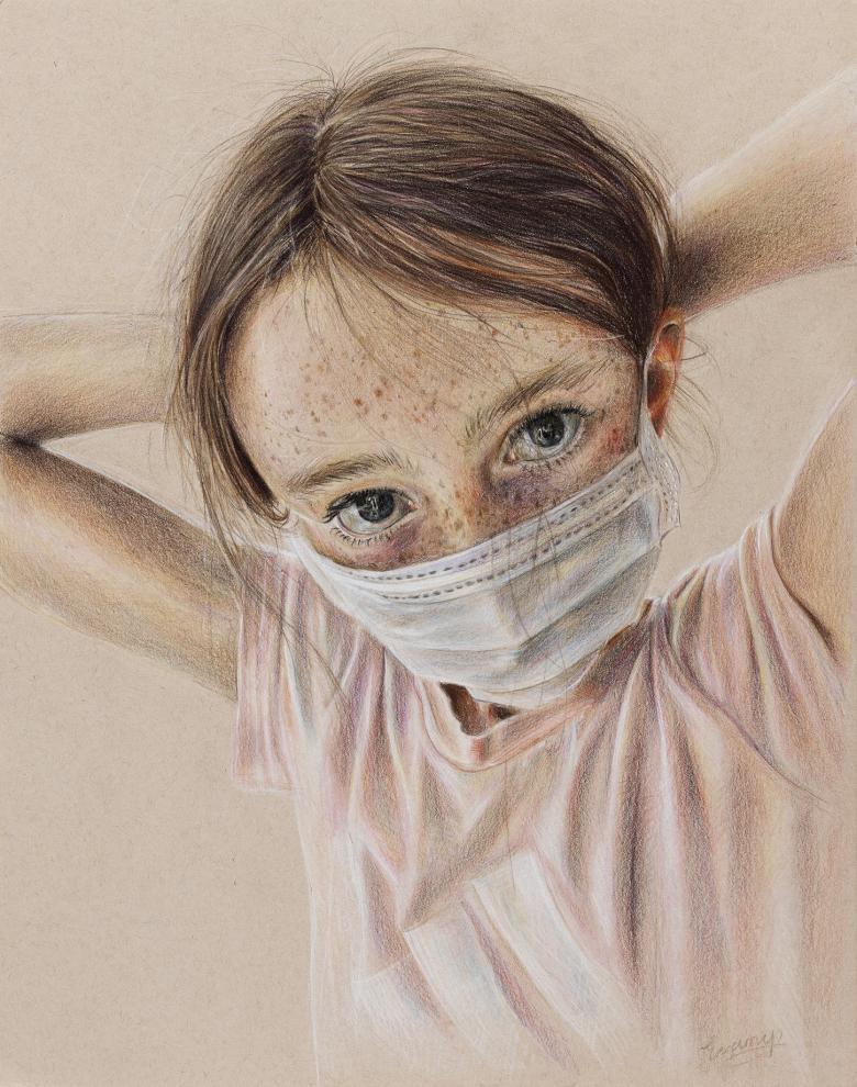 Pencil drawing of a young child in a pink t-shirt wearing a face mask