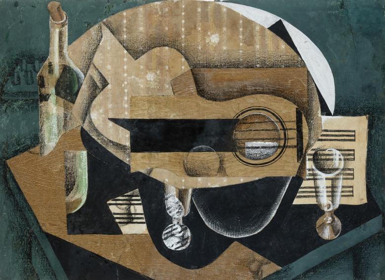 Collage depicting a guitar, glasses, sheet music and a glass bottle.