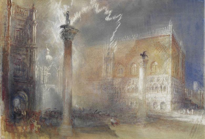 A sketch of the Piazzetta in Venice with dramatic dark sky and white highlights
