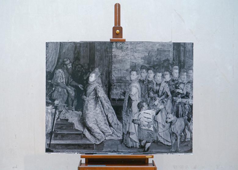 An infrared image of Lavinia Fontana's painting on an easel