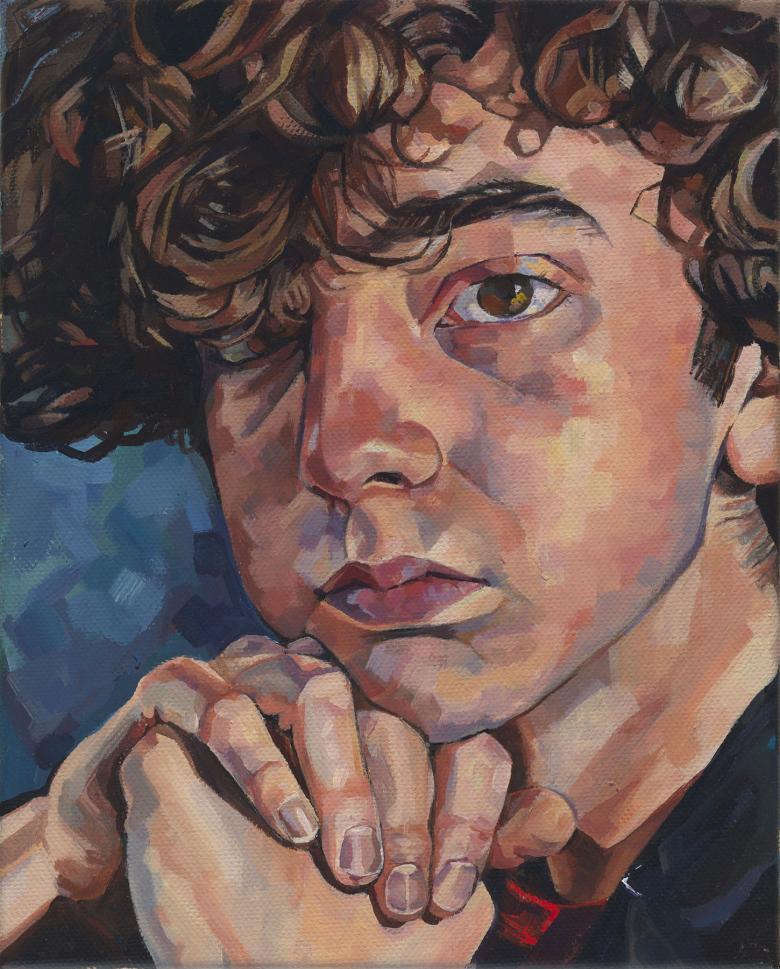 Close-up painted portrait of a young person with a mop of curly brown hair posing with their hands clasped under their chin