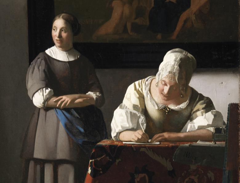 Painting of a woman standing and looking out a window behind a woman with a white bonnet sitting at a desk writing a letter.