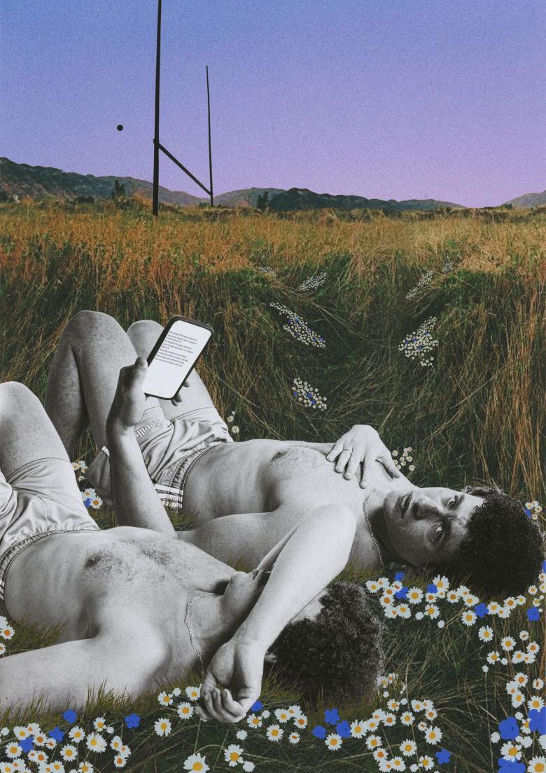 Dreamy collage of two men lying in a flowery meadow with goal posts in the distance