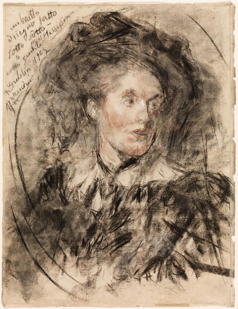 A charcoal sketch of a woman looking slightly over her shoulder. There are some white and red highlights on the sketch.