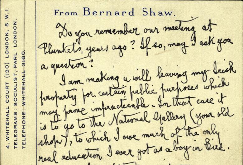 Handwritten text on a postcard from George Bernard Shaw to Thomas Bodkin.