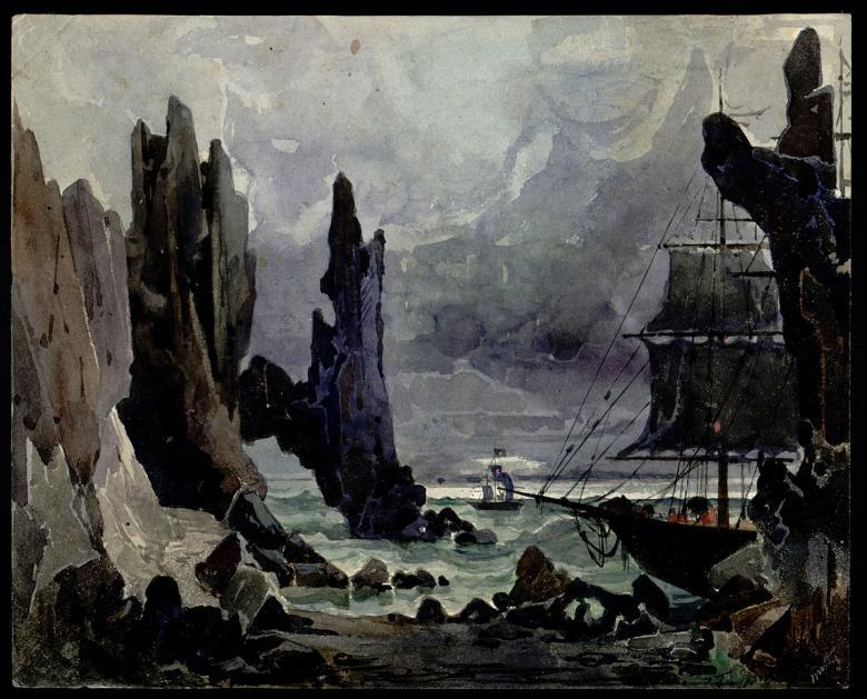 A painting of a large boat with sails raised docked in a cove, surrounded by cliffs. 