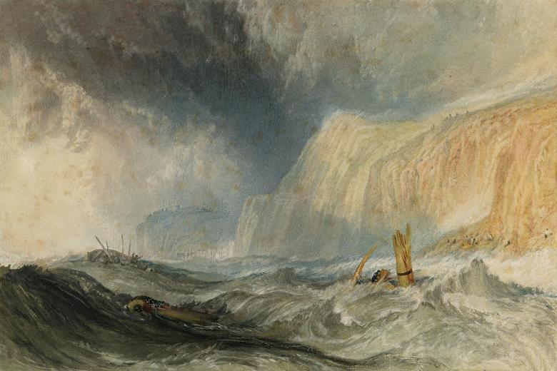 A watercolour painting of a stormy sea, with a ship being tossed on the waves. The dark sky is illuminated by shafts of light.