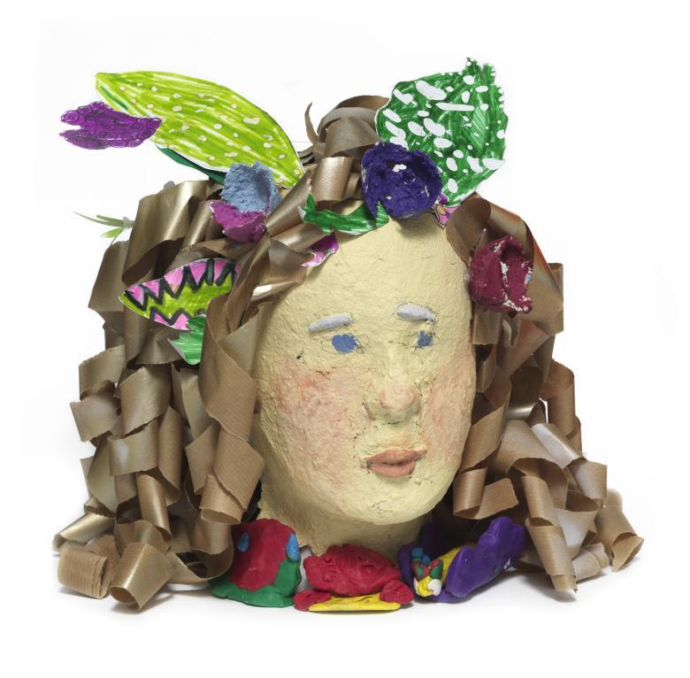 Mixed media portrait bust sculpture of a girl with fair, ringlet hair