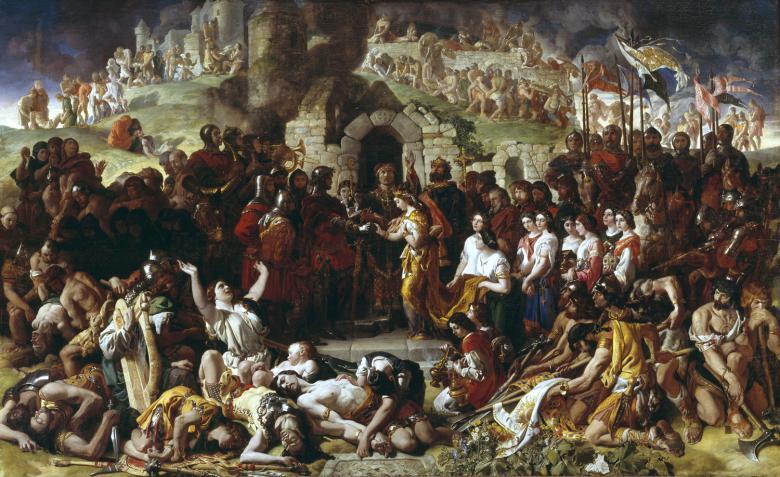 Dramatic oil painting crowded with people, with a man in armour and a woman at centre being married by a priest.