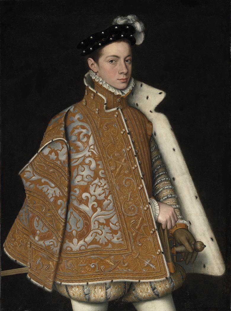 Three-quarter length portrait in oil of a young man wearing an elaborate embroidered cape, ruff and cap, and holding a sword.