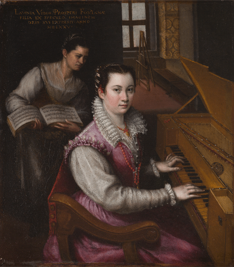 An oil painting showing a woman in a pink dress sitting at a virginal (musical instrument like a harpsichord). Her hands are on the keys, and she is looking directly at the viewer. In the background, another figures stands, holding a music score.