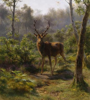 Oil painting of a stag in a forest